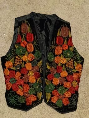 Vintage Embroidered Floral Velvet Vest - Blue with Autumn Florals